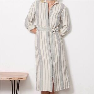 Faherty Dream Cotton Iris Dress, Organic Cream & Dusky-Blue Striped Shirtdress M